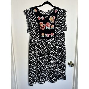 KIRUNDO Black White Spotted Floral Embroidered Boho Dress Flutter Sleeve Large